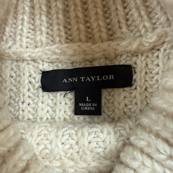 Ann Taylor Merino Wool Blend Chunky Sweater Mock Neck Rib-Knit Cream Size L - Picture 3 of 9